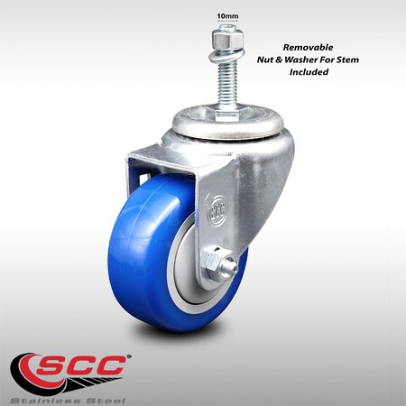 Service Caster 3 Inch SS Blue Polyurethane Wheel Swivel 10mm Threaded Stem Caster SCC SCC-SSTS20S314-PPUB-BLUE-M1015